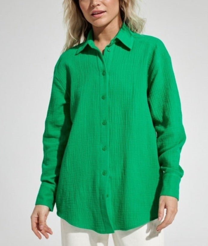 Textured Gauze Collared Button Up Long Sleeve Oversized Shirt 4