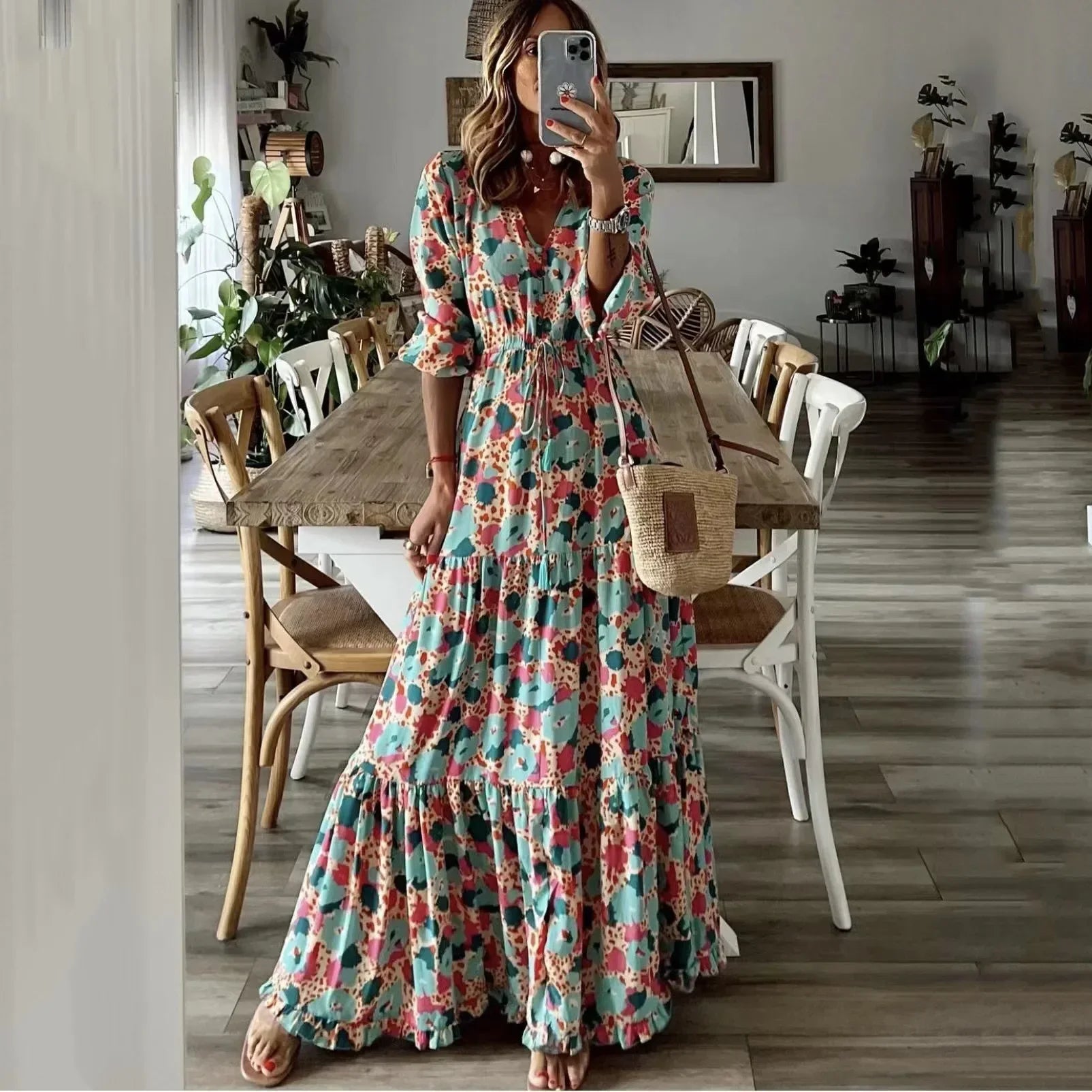 Printed Lace Up Swing Maxi Dress - View 3