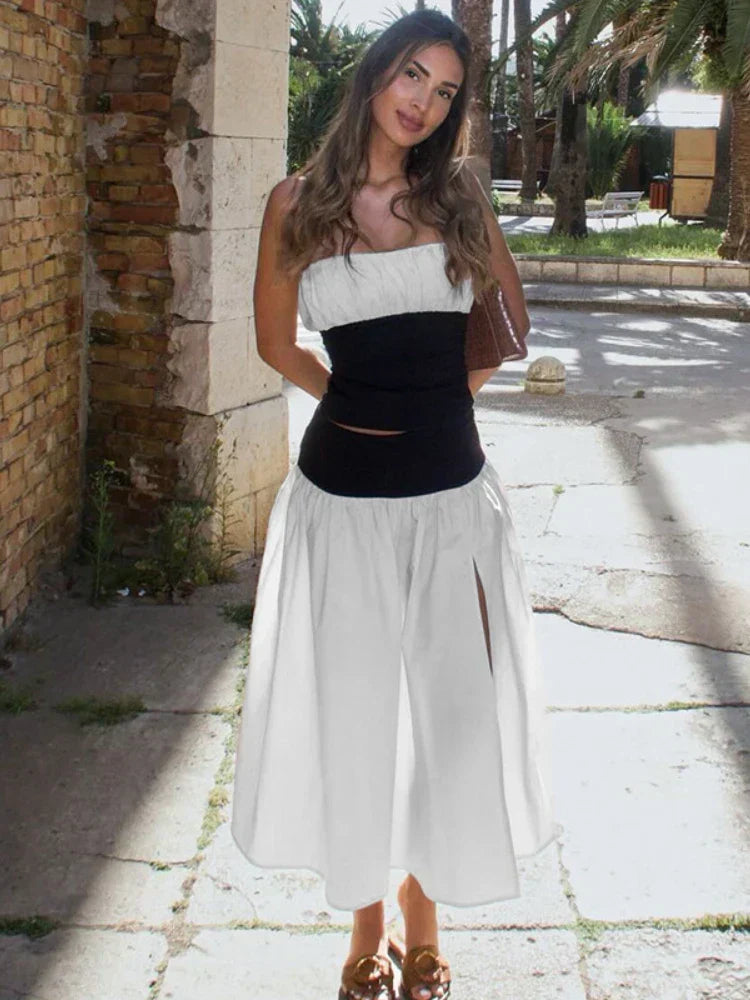 Colorblock Ruched Tube Top and Drop Waist Slit Maxi Skirt Two Piece Set