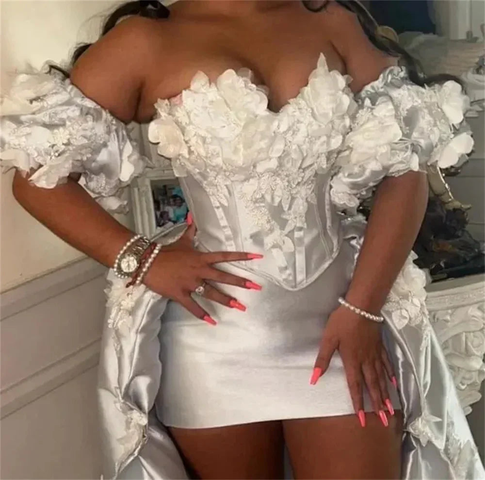 Satin Off Shoulder Puff Sleeve Corset High Low Mini Dress