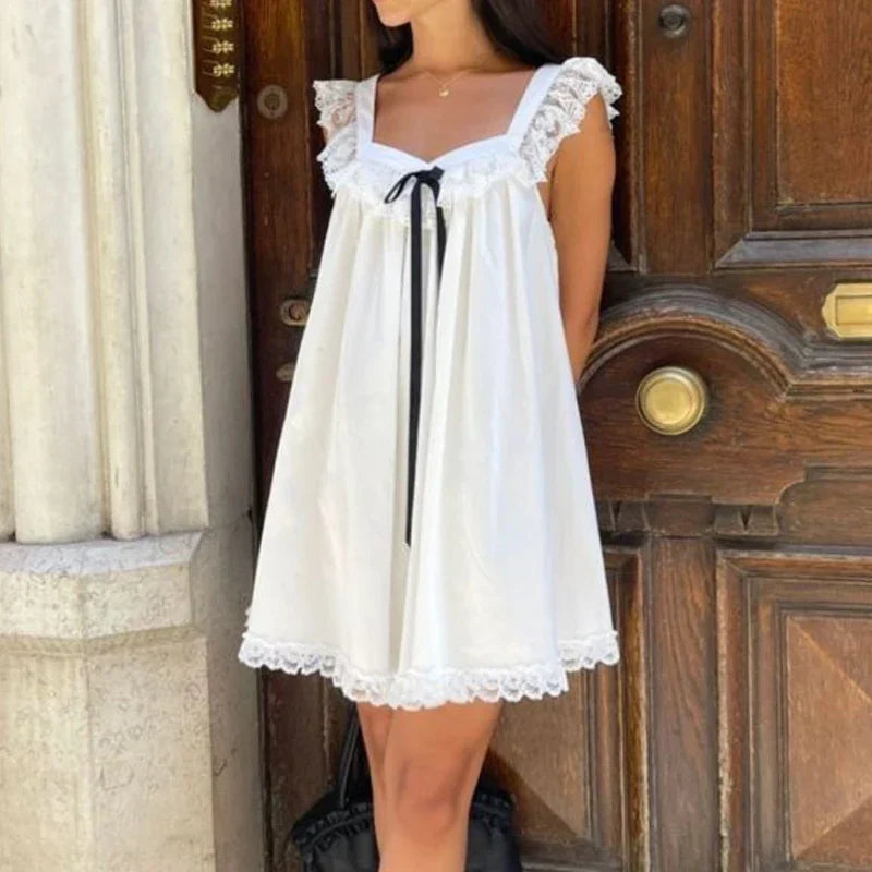 Ribbon Bow Lace Trim A-Line Mini Dress - View 2
