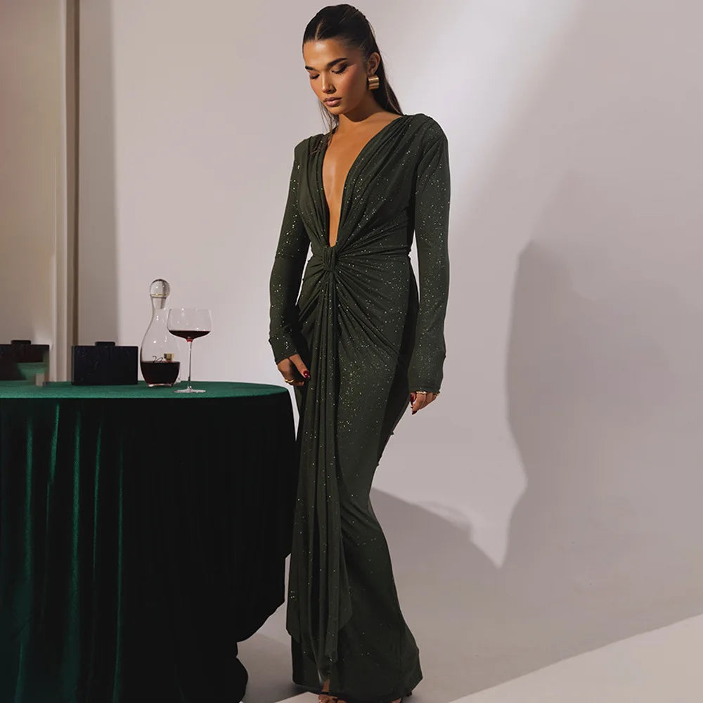 Elastic Deep V - Fold Lace Maxi Dress - View 18