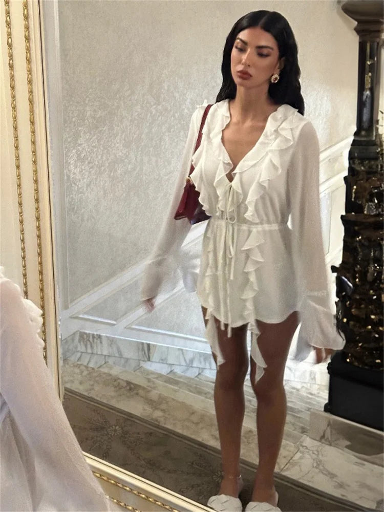 Chiffon Deep V-Neck Long Sleeve Ruffle Lace Up Mini Dress