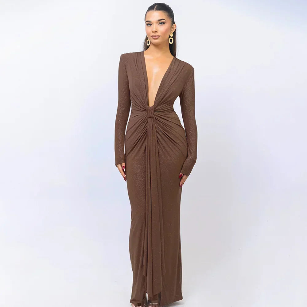 Elastic Deep V - Fold Lace Maxi Dress 29