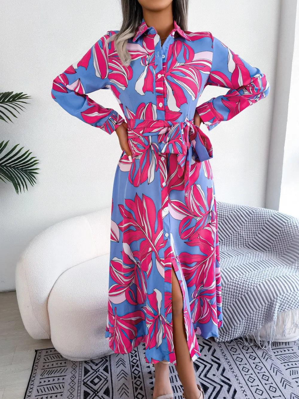 Floral Long Sleeve Belted Button Front Shirt Dress