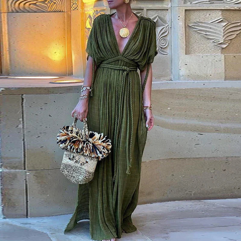Braided Rope Trim One Shoulder Belted High Split Maxi Dress