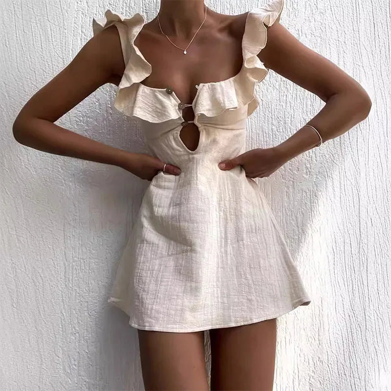 Square Neck Ruffle Button Front Cut Out Mini Summer Dress