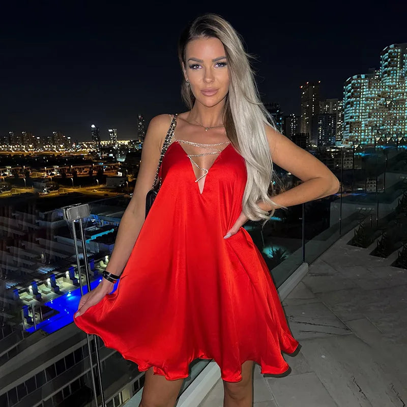 Diamond Strap Satin Orange Mini Dress - View 11