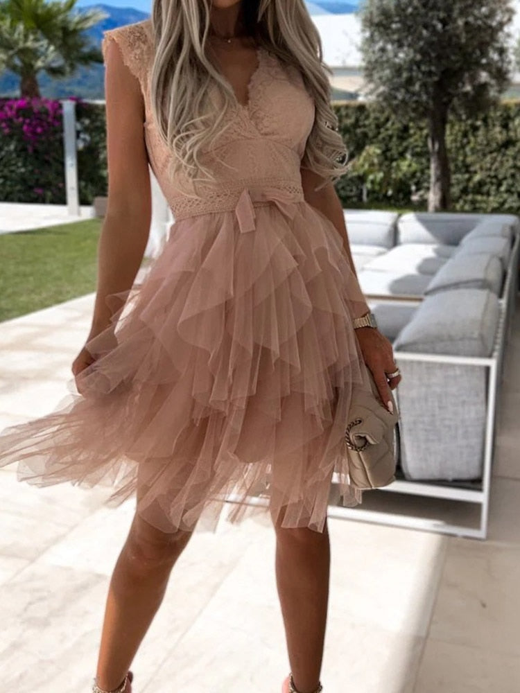 Lace Deep V-Neck Cap Sleeve Bow Waist Tiered Tulle Mini Dress