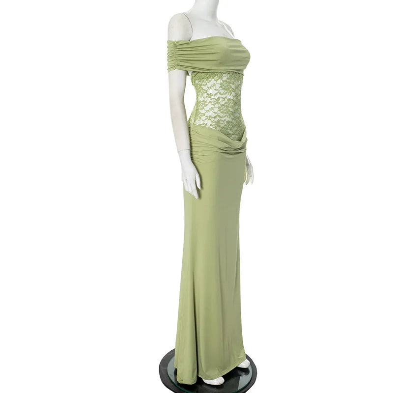 Off - shoulder Strapless Green Lace Sheer Long Dress - View 8