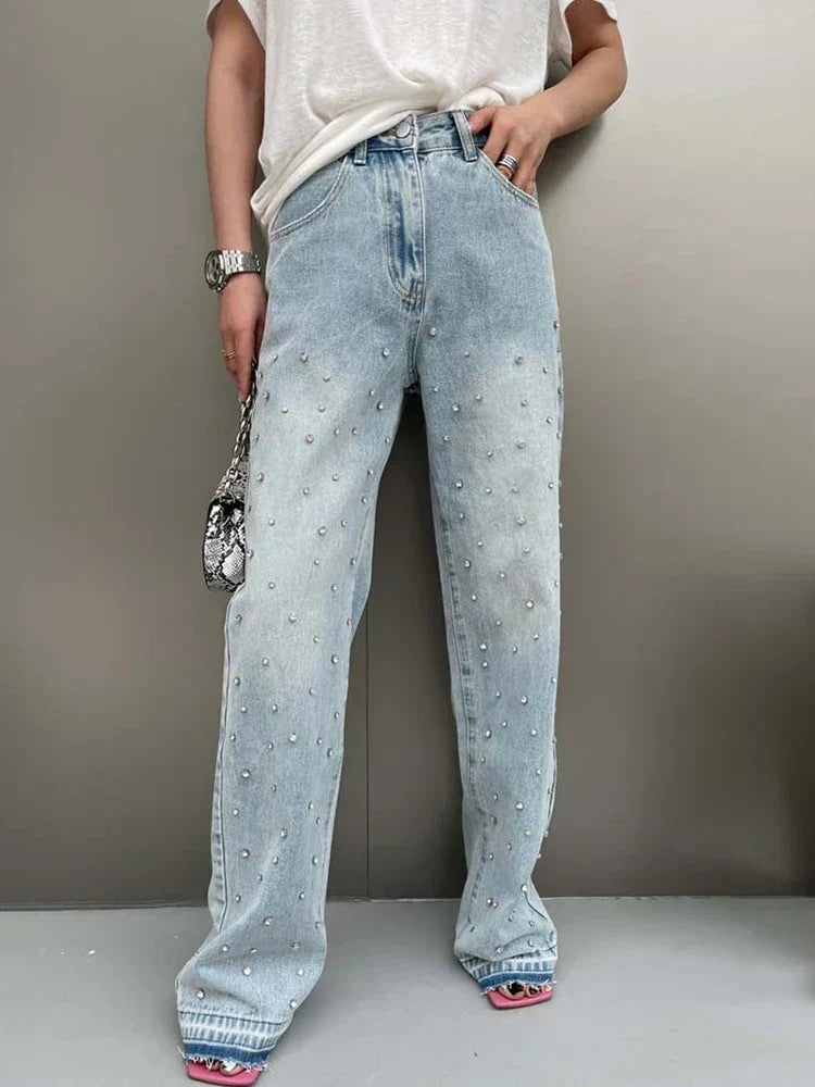 Rhinestone Studded High Waist Straight Leg Frayed Hem Jeans