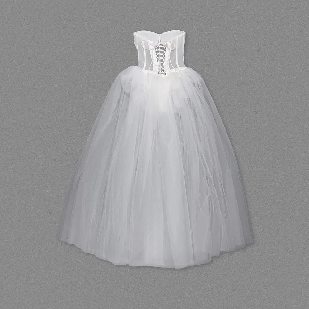Strapless Mesh White A Line Maxi Long Dress - View 8