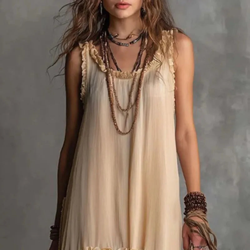 Sleeveless Tiered Ruffle Hem Boho Maxi Dress