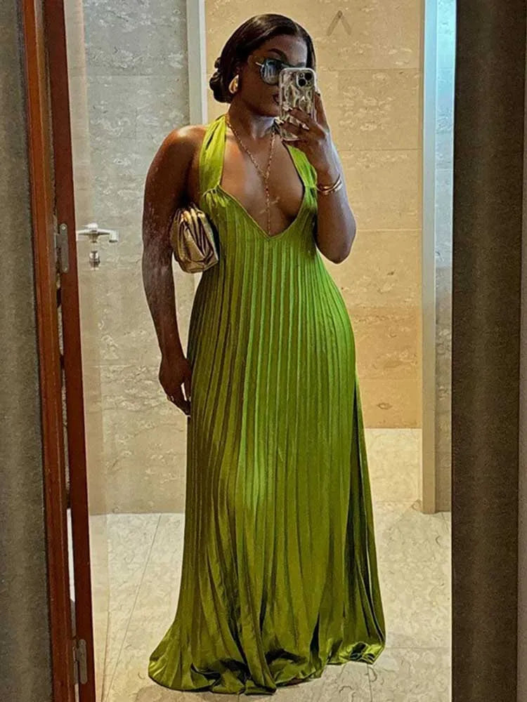 Pleated Hollow Out Halter Neck Long Dress