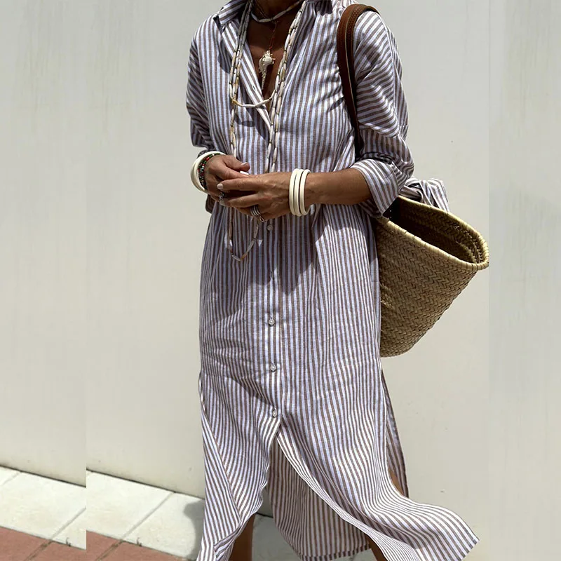 Nicole - Comfortable Striped Midi Dress Purple