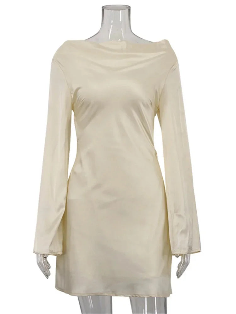 Satin Cowl Neck Long Flare Sleeve Party Mini Dress 5