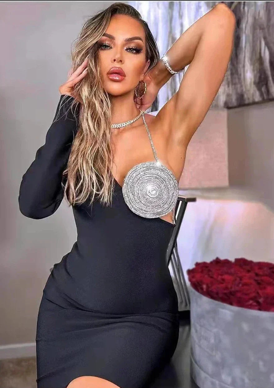 Rhinestone Bra Cup One Shoulder Cut Out Mini Dress 14