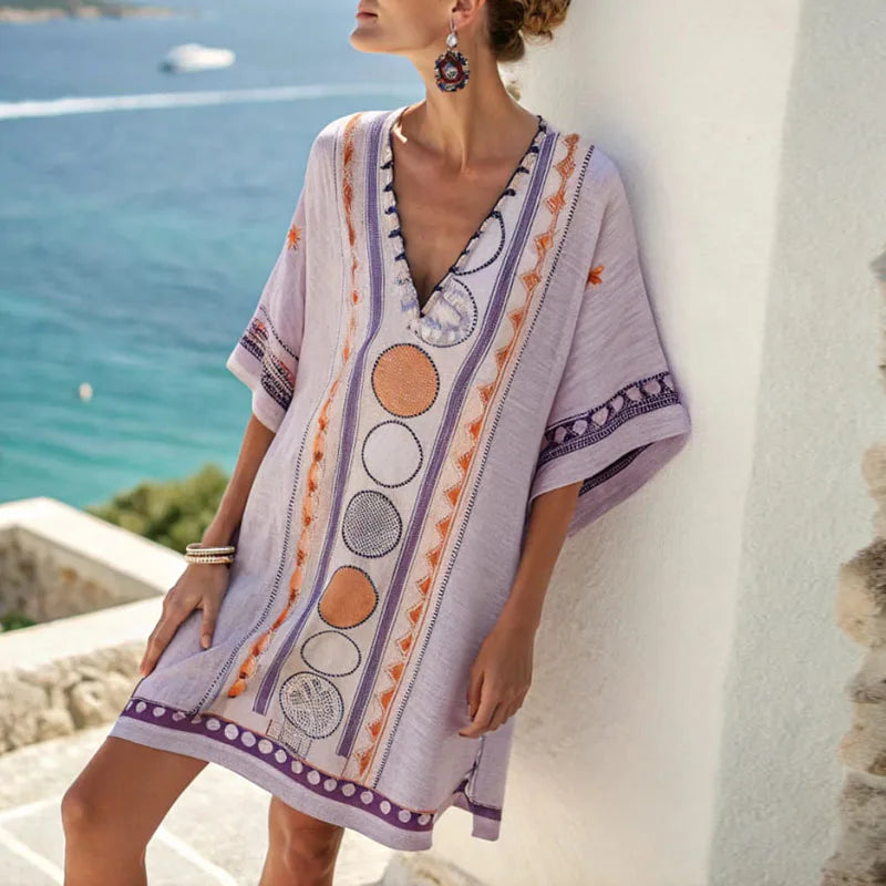 Embroidered Tassel V-Neck Beach Cover Up Dress
