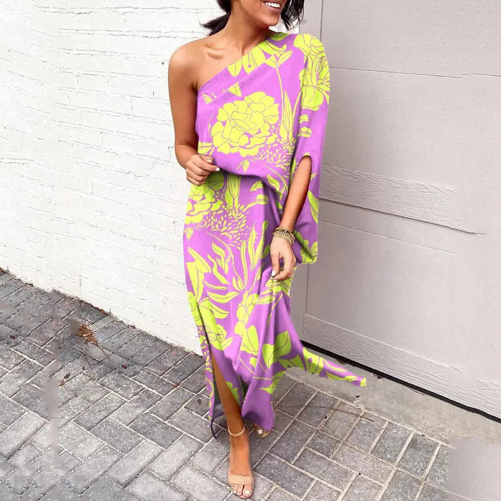 One Shoulder Long Sleeve High Split Asymmetric Maxi Dress