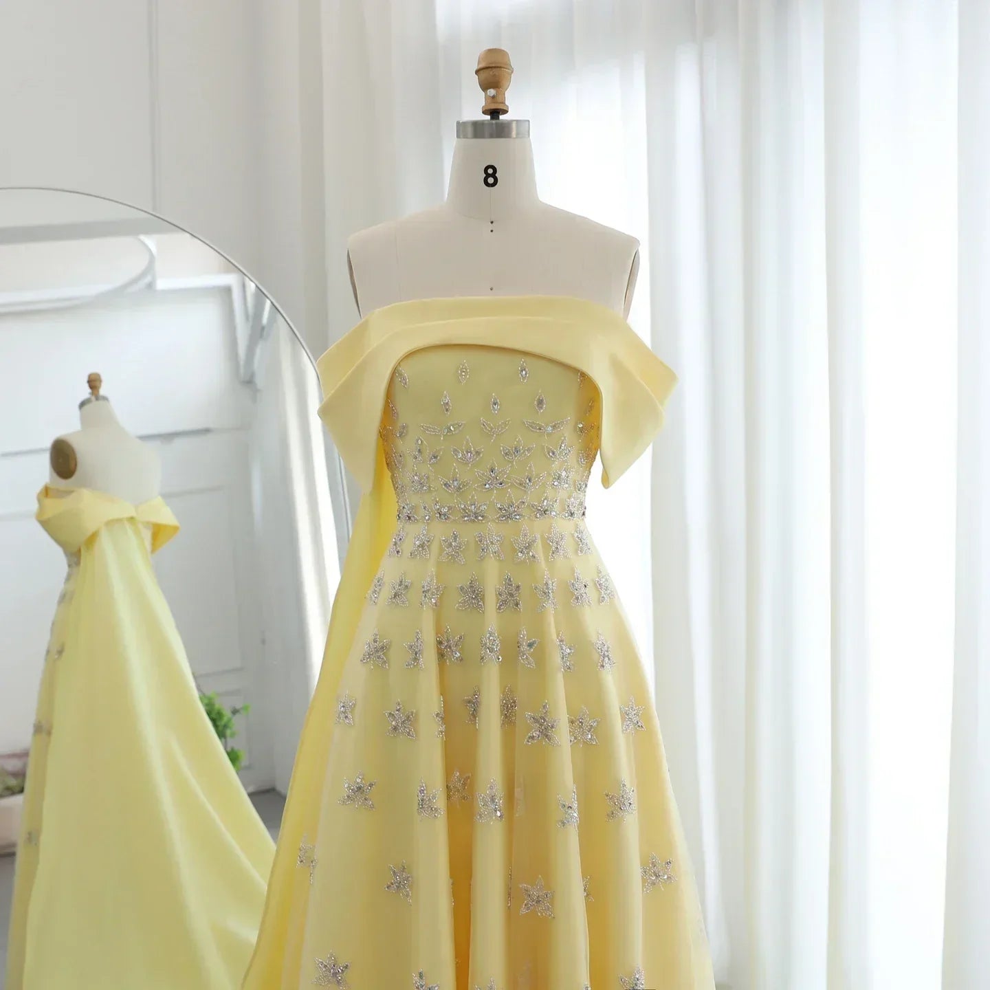 Off Shoulder Rhinestone Floral Beaded Tulle Cape Train A-Line Maxi Gown