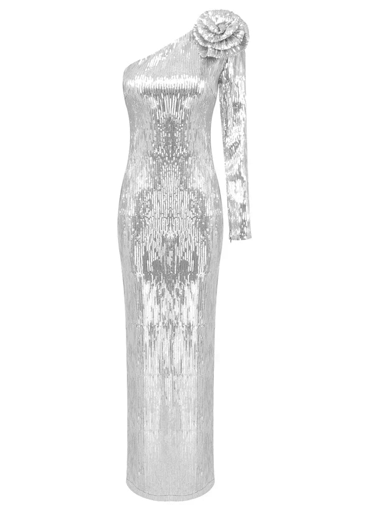 Sequin One Shoulder Long Sleeve Rosette Bodycon Maxi Dress