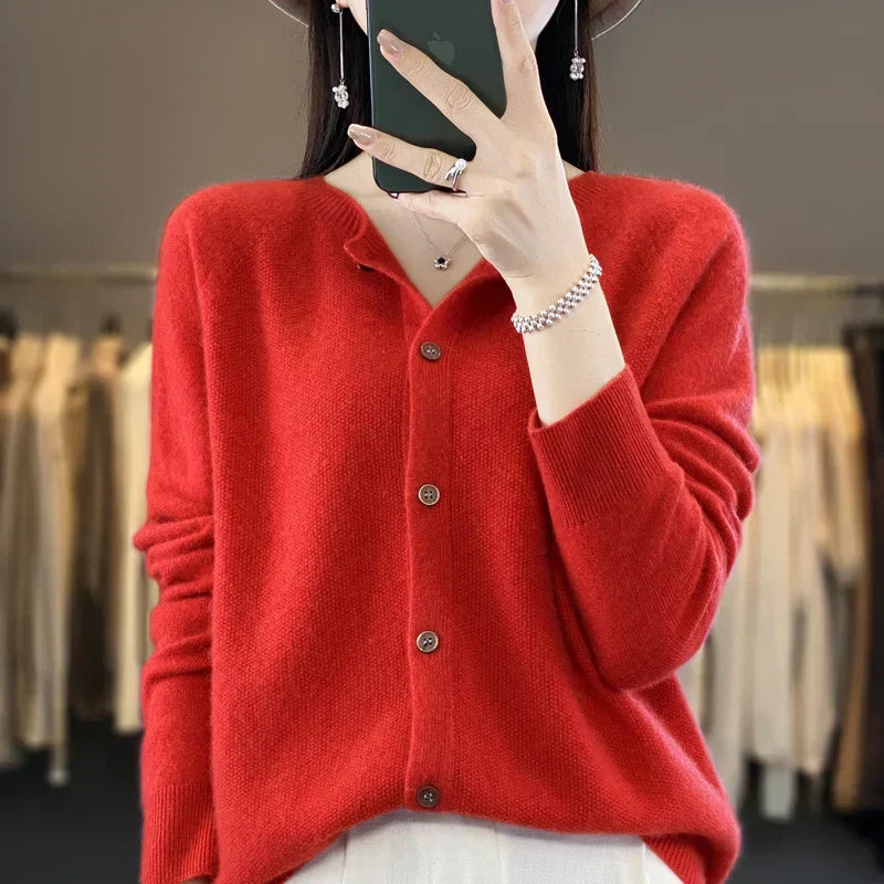 Crew Neck Button Front Long Sleeve Knit Cardigan