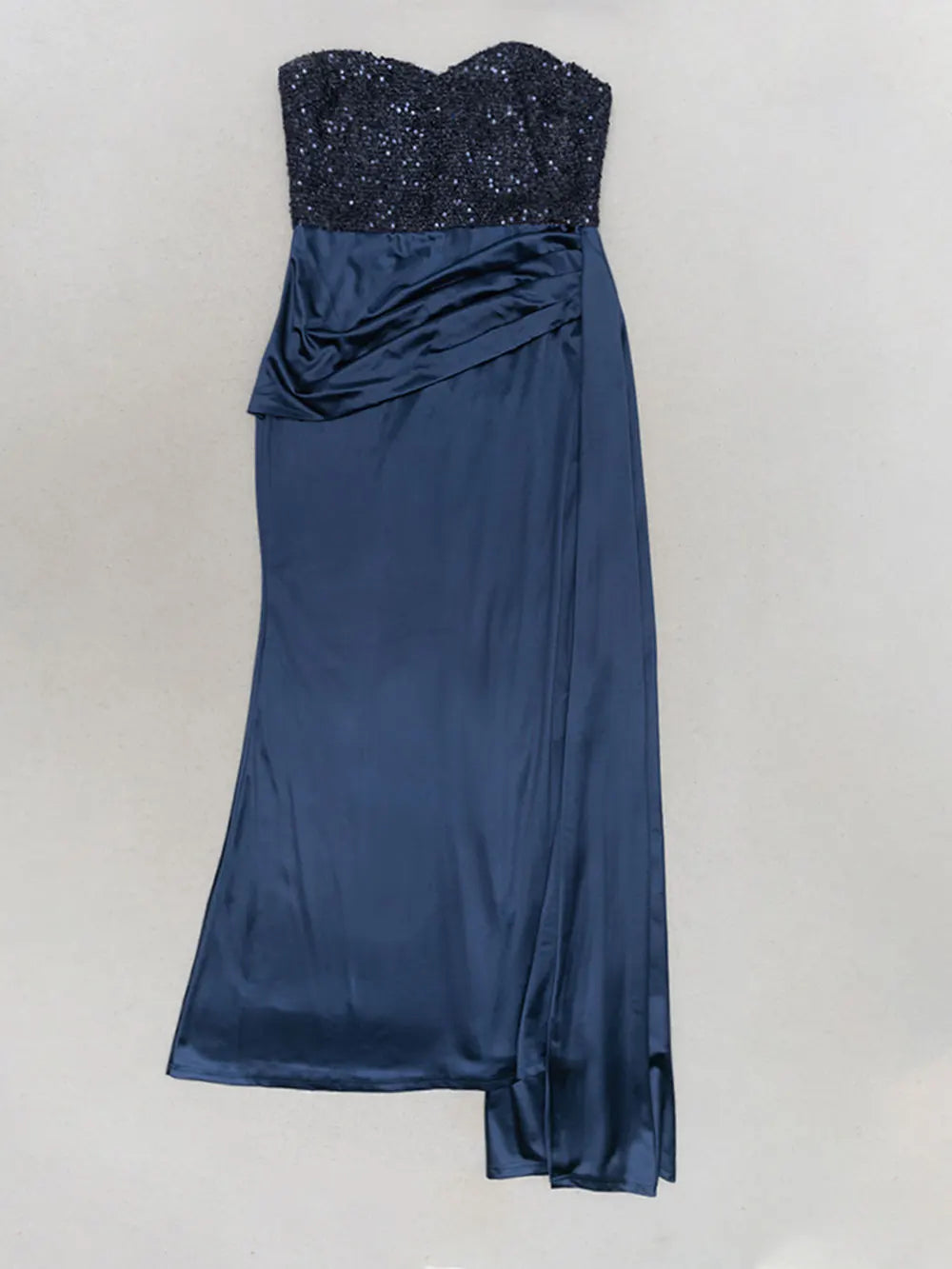 Sequin Strapless Sweetheart Ruched Draped Side Panel Satin Maxi Gown