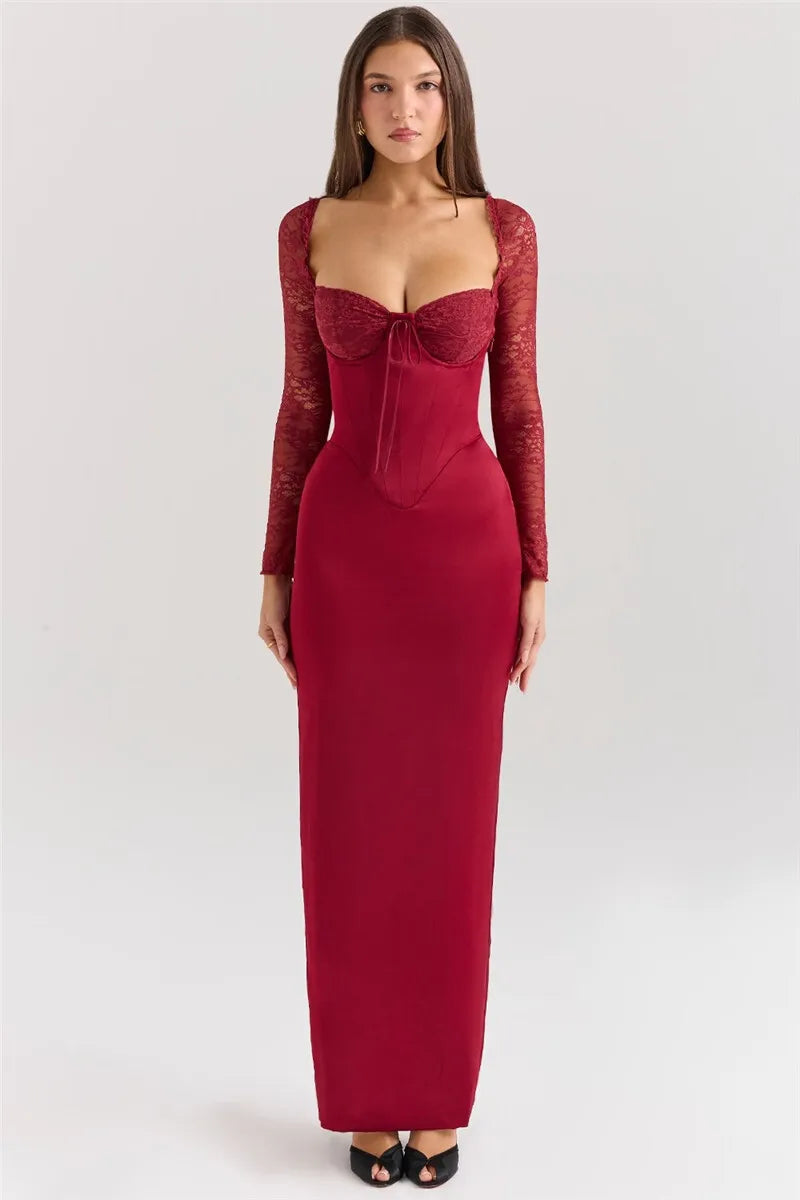 Square Collar Lace - Up Backless Long Sleeve Maxi Dress