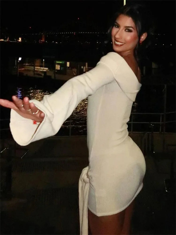 Off Shoulder Long Sleeve Ribbed Knit Side Tie Bodycon Mini Dress