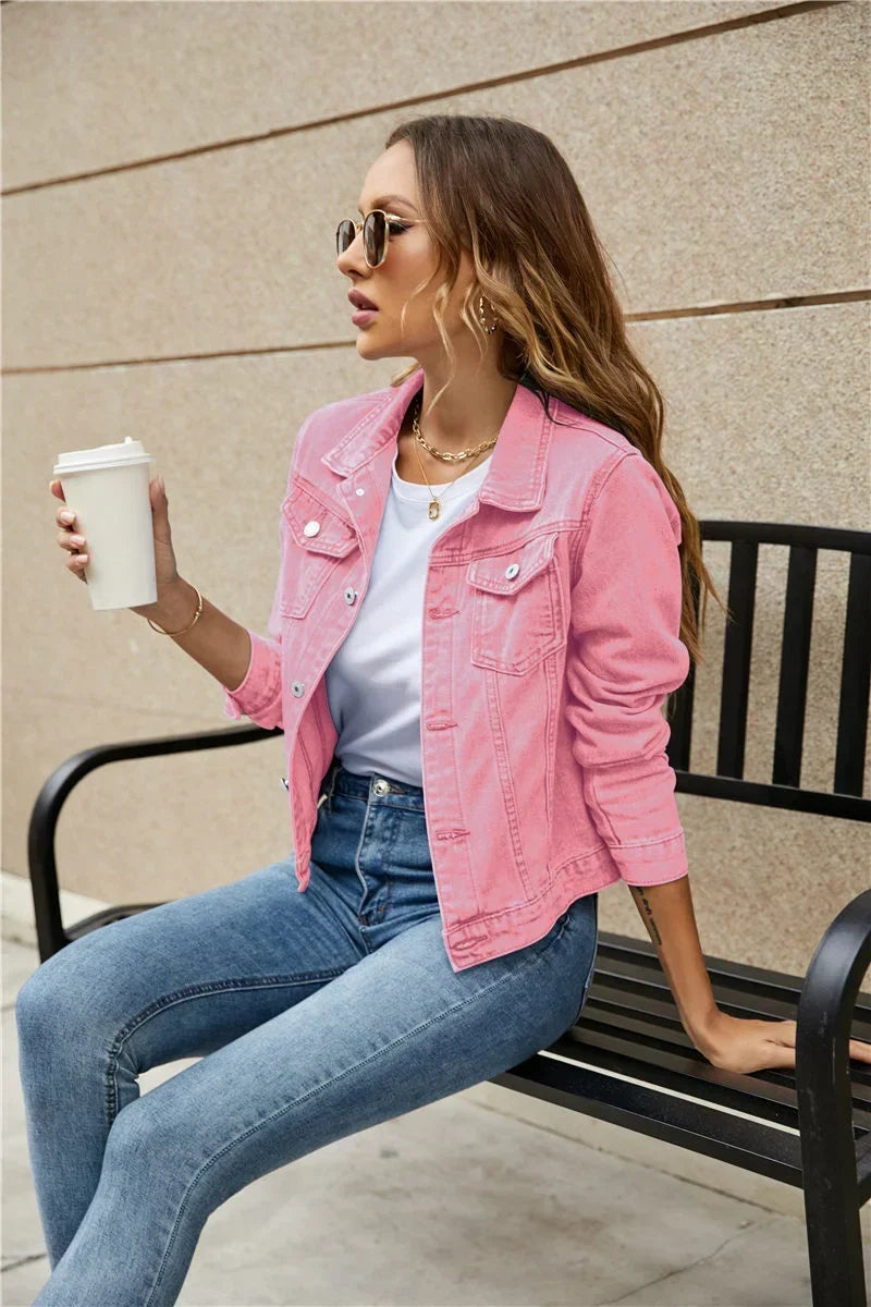 Button Front Long Sleeve Collared Denim Jacket