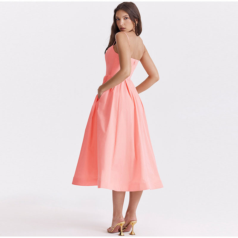 Spaghetti Strap Scoop Neck Pleated Waist Fit and Flare A-Line Midi Dress