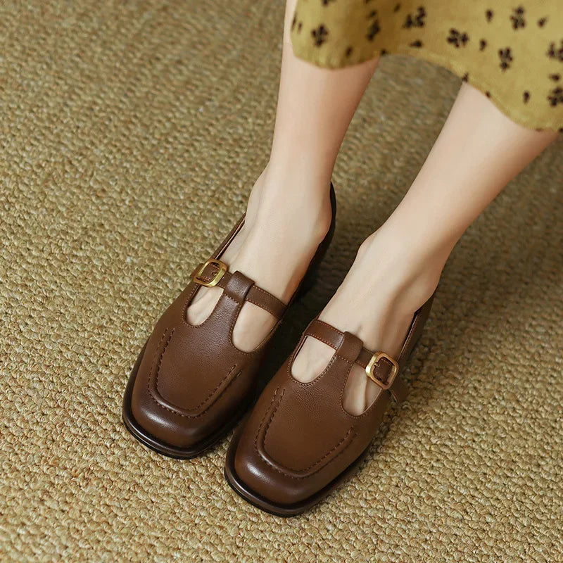 Square Toe T-Strap Buckle Mary Jane Flats