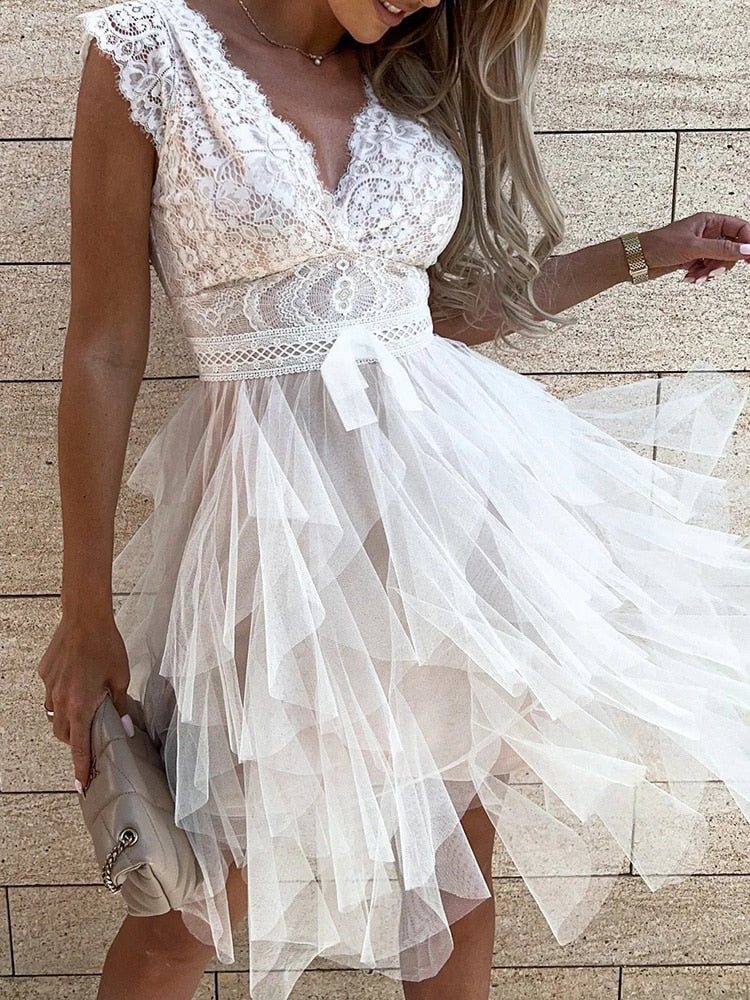 Lace Deep V-Neck Cap Sleeve Bow Waist Tiered Tulle Mini Dress
