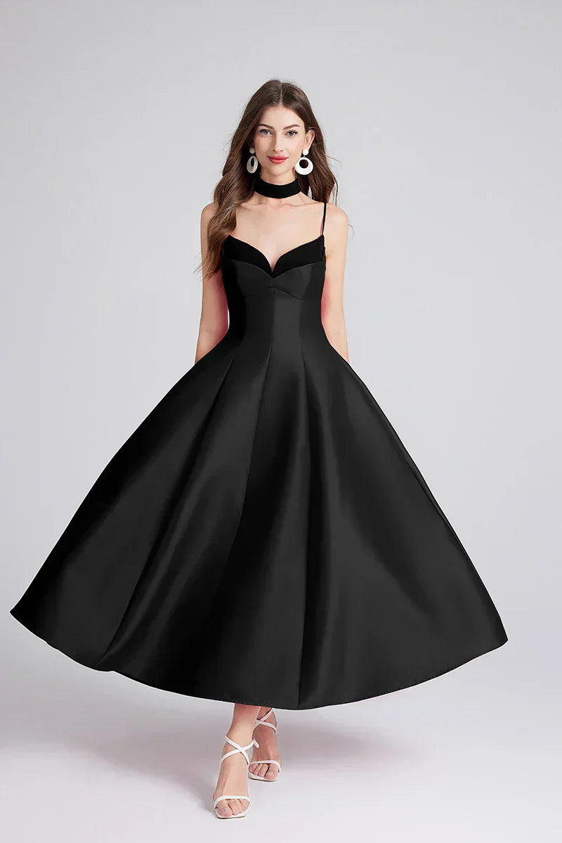 Satin Sweetheart Spaghetti Strap Fit and Flare Midi Dress