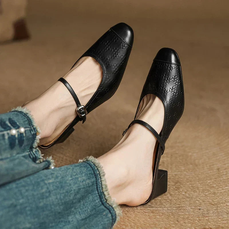 Embossed Square Toe Buckle Strap Block Heel Mary Jane Pumps