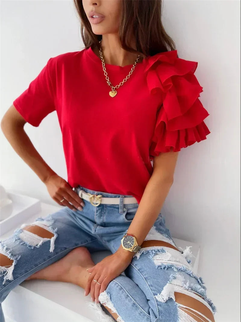 Round Neck Ruffle Sleeve Top