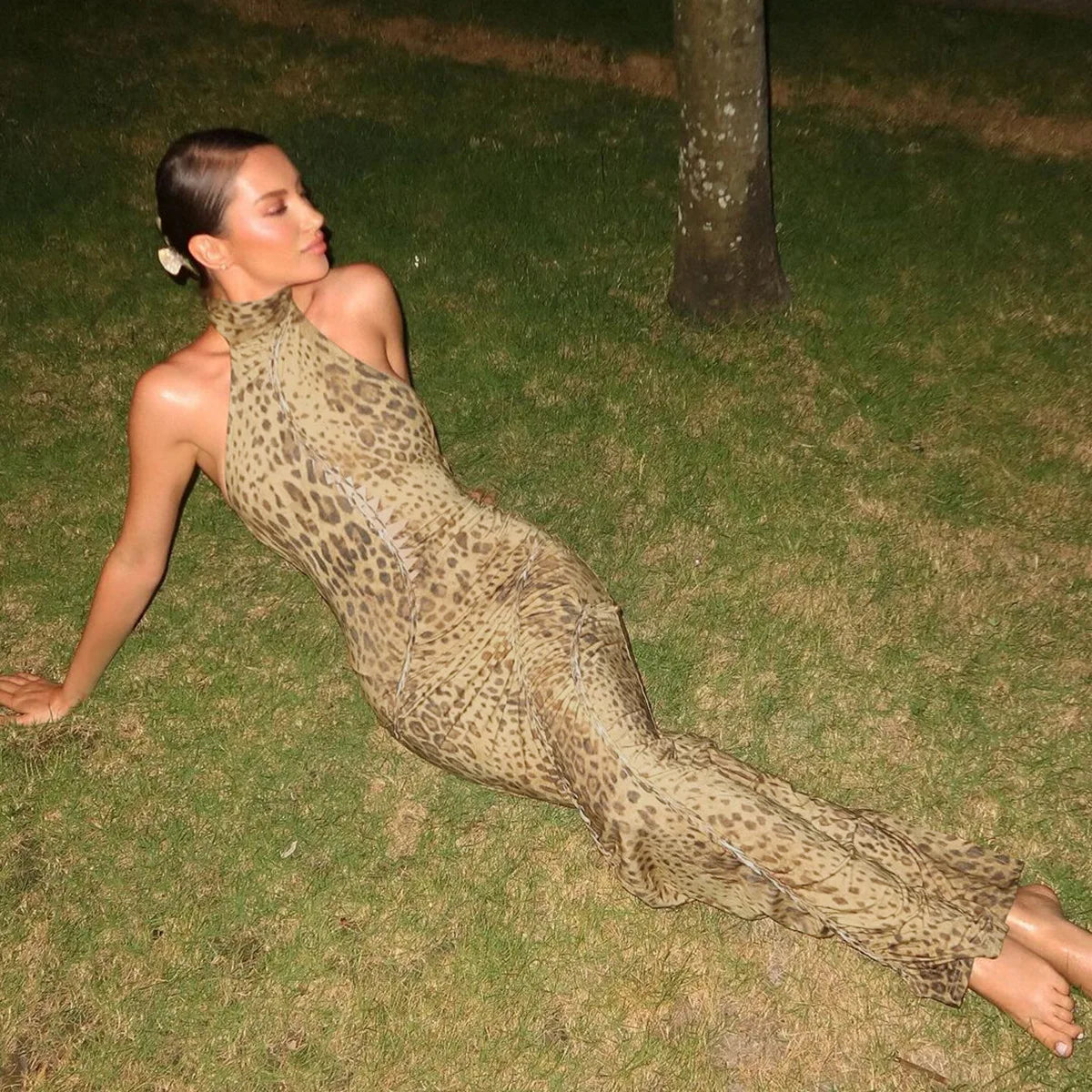 Leopard Print Halter Neck Lace Up Cut Out Ruched Bodycon Midi Dress