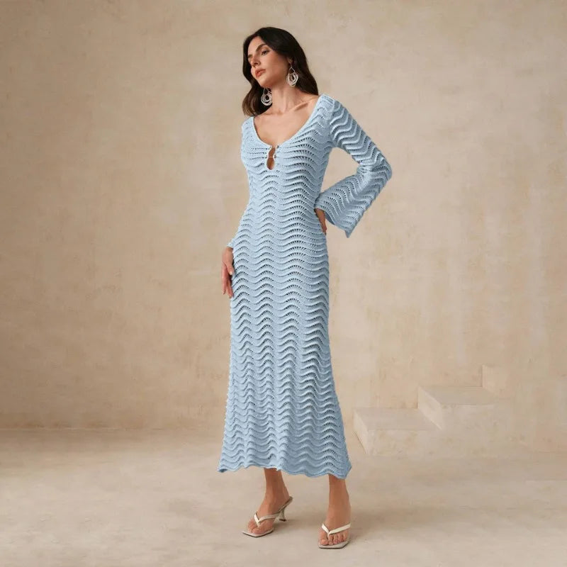 Open Knit Bell Sleeve Keyhole Metal Bar Back Tie Maxi Dress