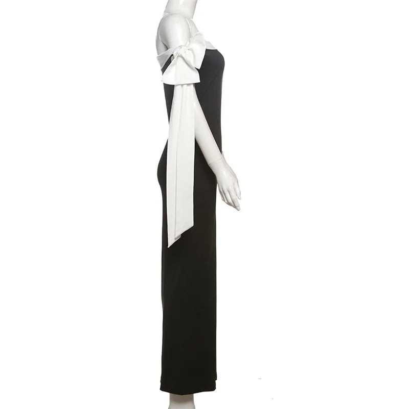 Contrast Trim Off Shoulder Bow Sash Bodycon Midi Dress 8