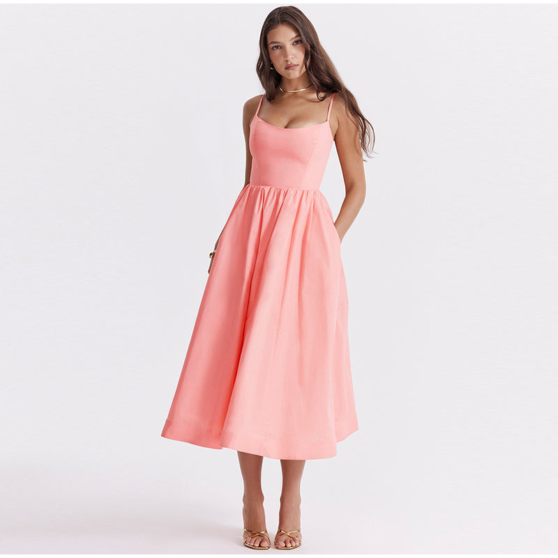 Spaghetti Strap Scoop Neck Pleated Waist Fit and Flare A-Line Midi Dress