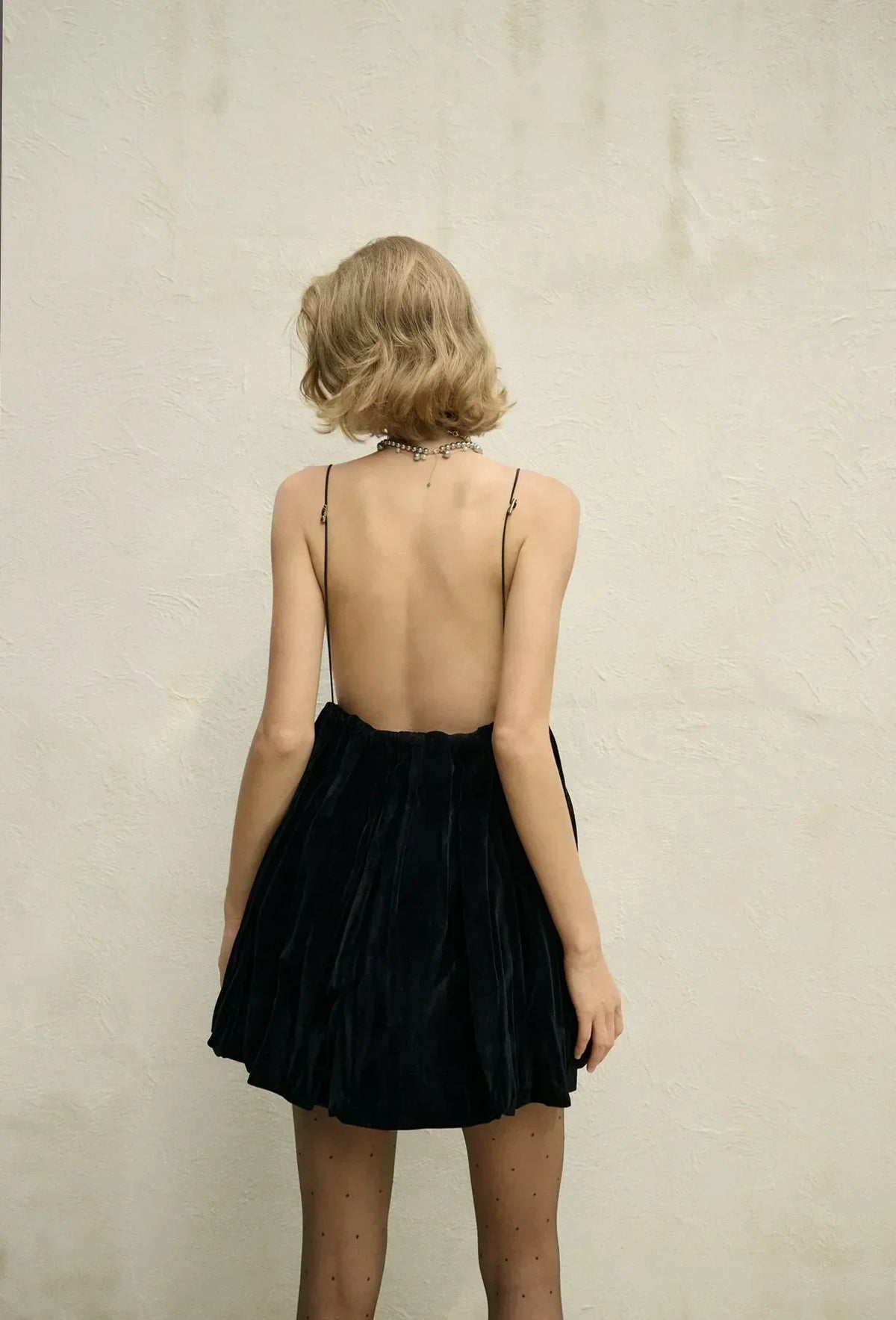 Velvet Deep V-Neck Spaghetti Strap Bubble Hem Mini Dress 13