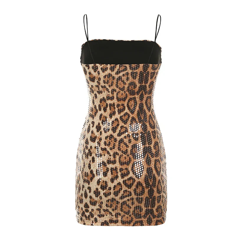 Leopard Print Sequin Strapless Bodycon Mini Dress