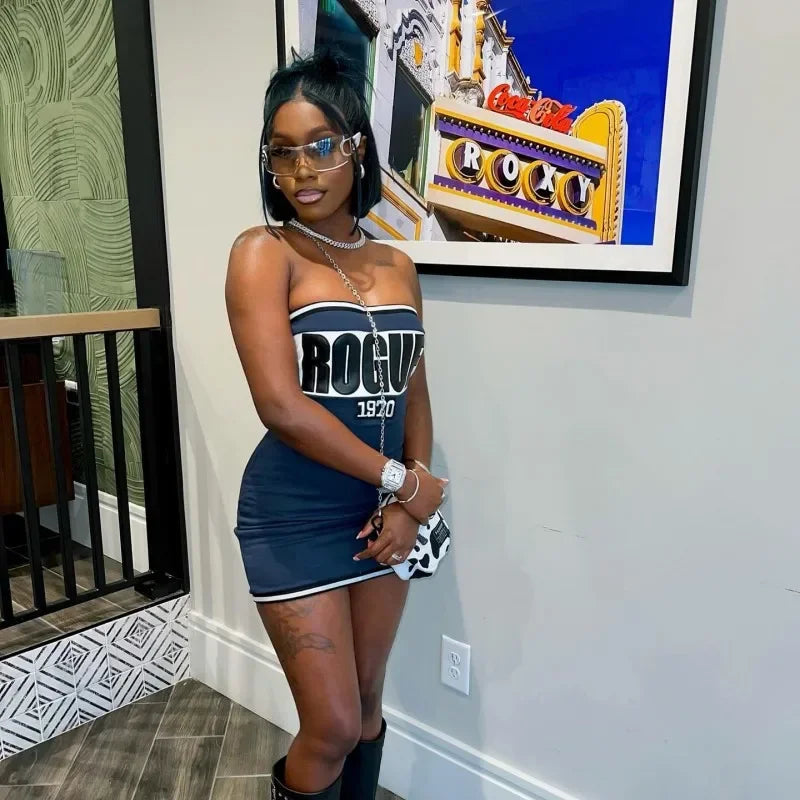 Letter Print Strapless Bodycon Mini Tube Dress