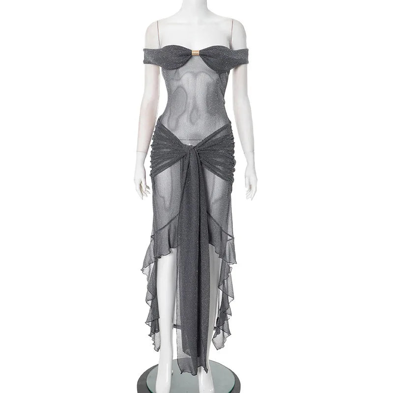 Mesh Ruffled Gray Off - shoulder Long Dress - View 12