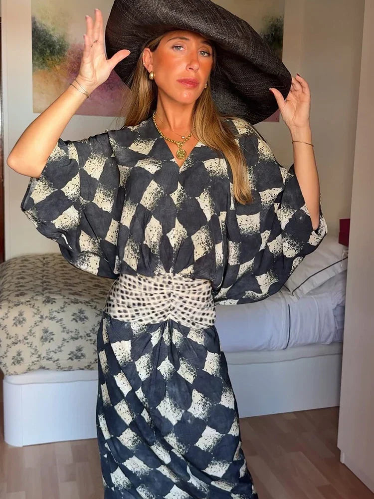 Checkerboard Print Kimono Sleeve Top and Wide Leg Pants Two Piece Set