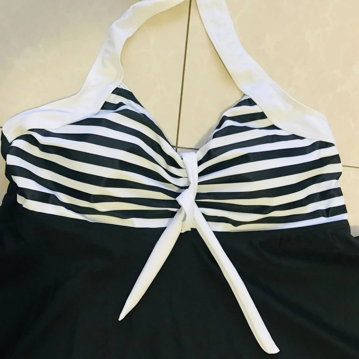 Striped Halter Neck Tie Front Swim Dress