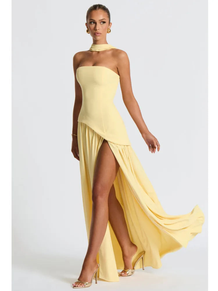 Strapless Scarf Neck High Split Satin Maxi Dress - View 3