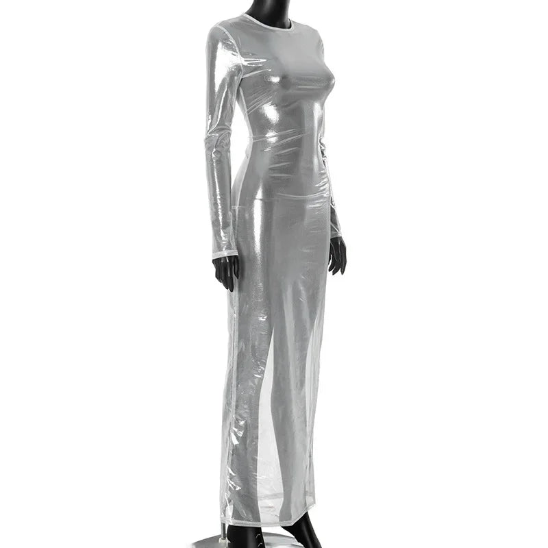 Mesh Long Sleeve Crew Neck Bodycon Maxi Dress