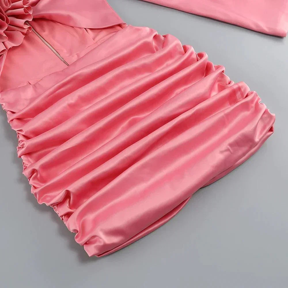 Satin One Shoulder Long Sleeve Rosette Cut Out Ruched Mini Dress 9