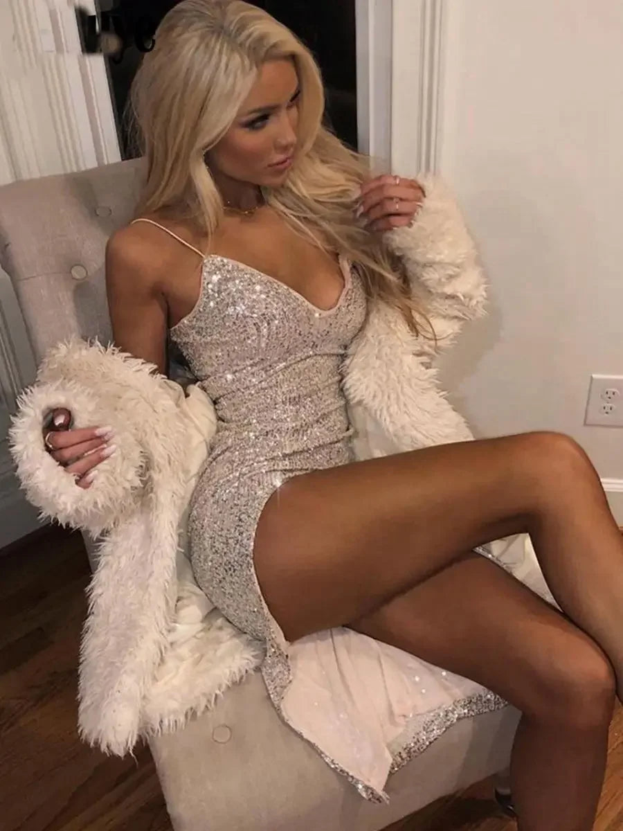 Sequin Deep V-Neck Spaghetti Strap High Split Bodycon Midi Dress